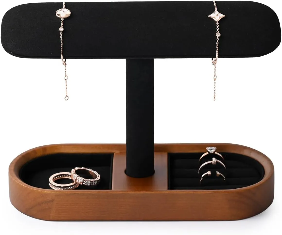 Solid Wood T-Bar Watch Display Stand for Women Men Jewelry Display Props Jewelry Organizer Holder for Watch Bracelet Rings Cufflinks(Black)