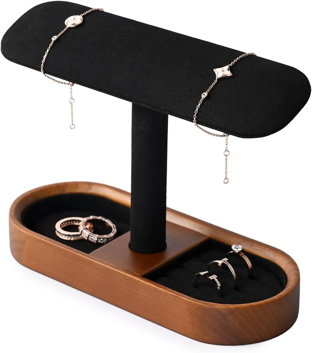 Solid Wood T-Bar Watch Display Stand for Women Men Jewelry Display Props Jewelry Organizer Holder for Watch Bracelet Rings Cufflinks(Black)
