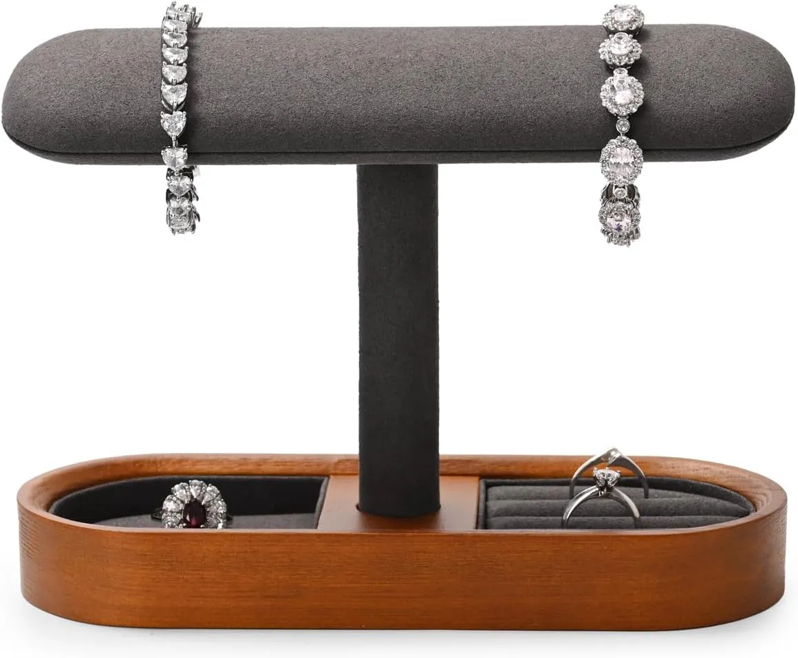Solid Wood T-Bar Watch Display Stand for Women Men Jewelry Display Props Jewelry Organizer Holder for Watch Bracelet Rings Cufflinks(Grey)