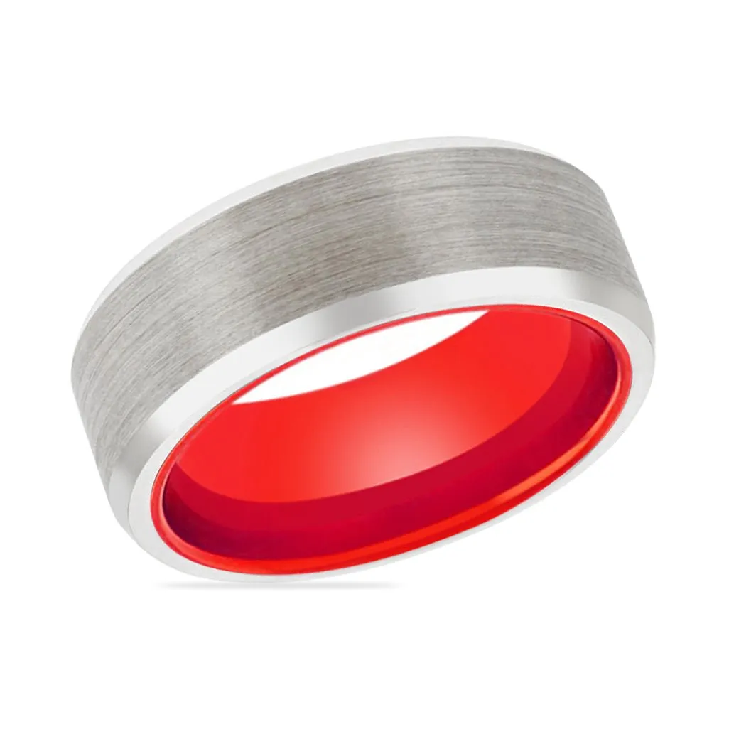 SPARK | Red Ring, Silver Tungsten Ring, Brushed, Beveled