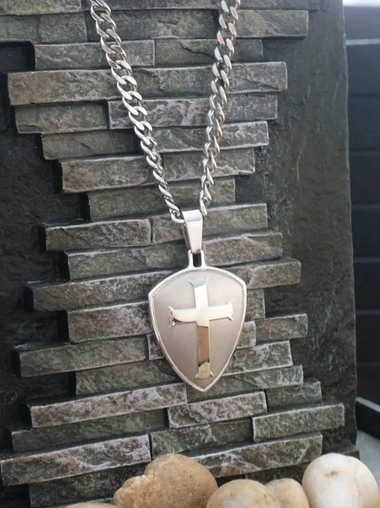 Spirit & Truth Stainless Steel Cross Shield of Faith Armor of God on 24" or 20" Polished Stainless Steel Curb Chain Ephesians 6:11