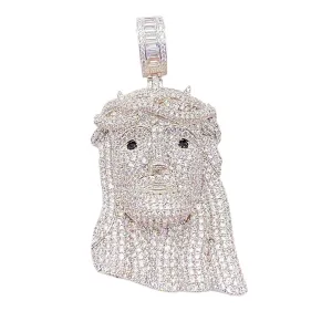 Ssjewel Stunning Iced Out Jesus Face Pendant Bling Men's Hip Hop Crown Head Merciful Jesus Face Pendant Charm 14K White Gold Finish Religious Pendant Handmade Christian Iced Out Silver Jewelry Pendant