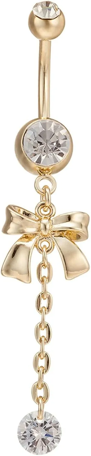 Stainless Steel Hoop Belly Button Rings, Crystal Navel Dangle Rings for Women Bowknot Gold Navel Ring