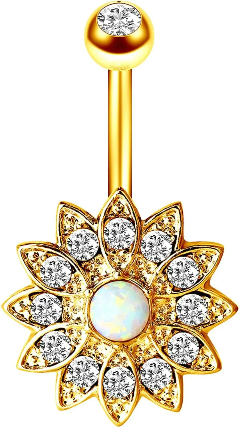 Stainless Steel Hoop Belly Button Rings, Crystal Navel Rings for Women Long Bar Flower Gold Belly Ring
