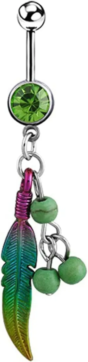 Stainless Steel Navel Ring, CZ Dangle Navel Rings for Women Leaf Turquoise And Silver Belly Rings