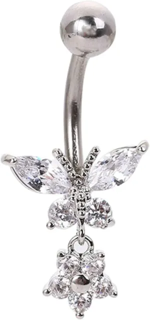 Stainless Steel Navel Ring, CZ Gold Navel Rings for Women Butterfly Flower Pendant Silver Navel Rings