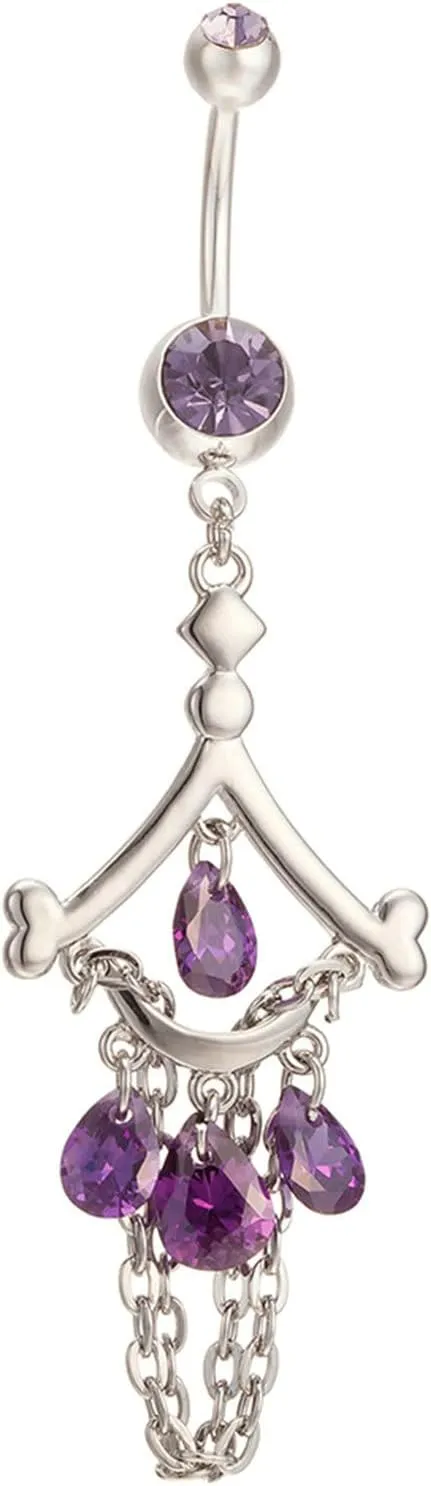 Stainless Steel Navel Ring, CZ Initial Navel Rings for Women Tassel Silver Belly Rings