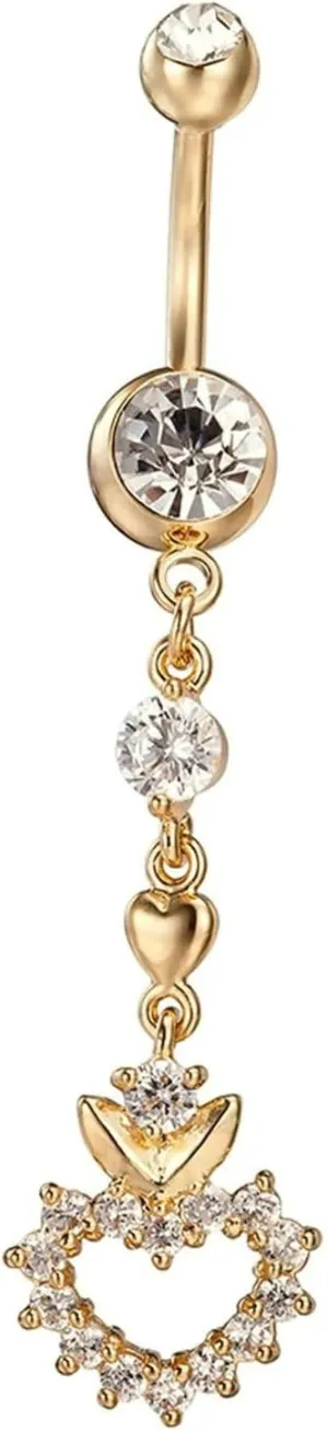 Stainless Steel Navel Ring, CZ Navel Rings for Women Dangle Heart Pendant Gold Navel Rings