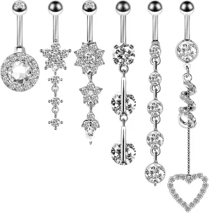 Stainless Steel Navel Ring, CZ Navel Rings for Women Long 6Pcs Set Silver Navel Rings