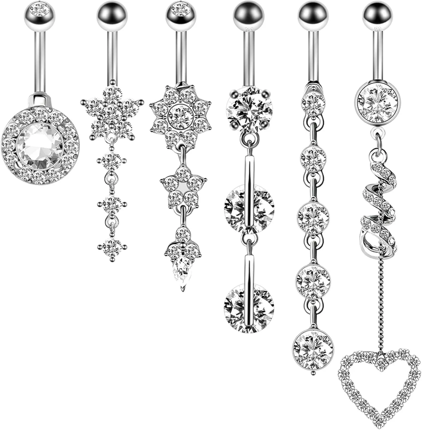 Stainless Steel Navel Ring, CZ Navel Rings for Women Long 6Pcs Set Silver Navel Rings