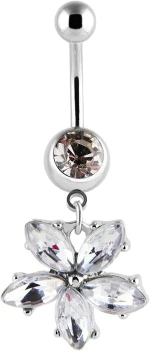 Stainless Steel Navel Ring, CZ Sexy Navel Rings for Women Flower Pendant White Belly Rings