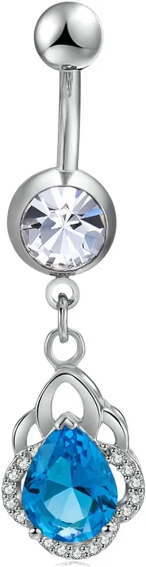 Stainless Steel Navel Ring, CZ Top Navel Rings for Women Teardrop Silver Belly Rings