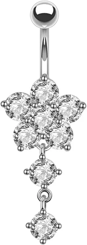 Stainless Steel Navel Ring, CZ Womens Navel Rings Flower Pendant Silver Belly Rings