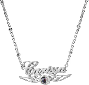 Stainless Steel Projection Photo Necklace With Angel Wings Custom 18K Gold Plated Name Pendant For Lover