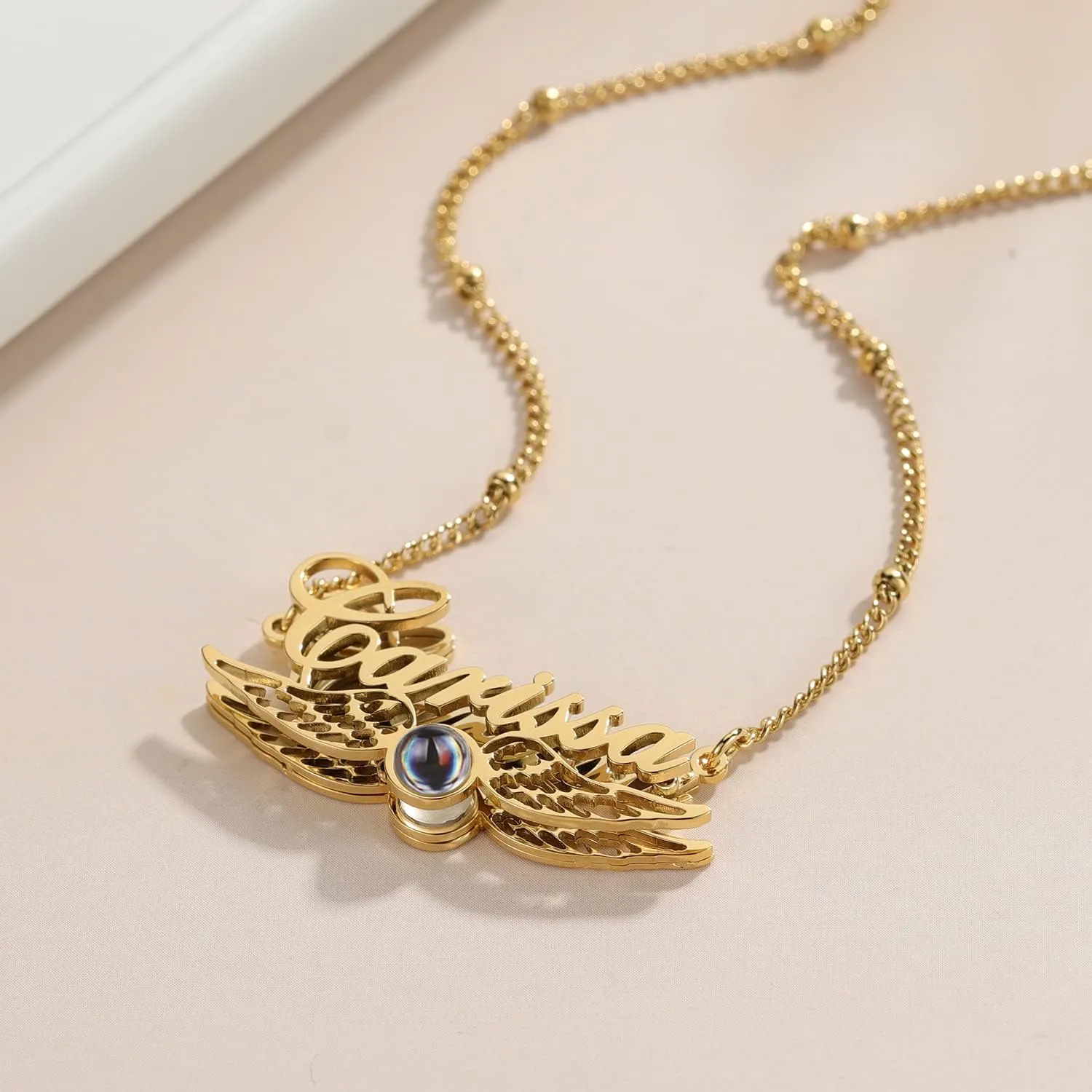 Stainless Steel Projection Photo Necklace With Angel Wings Custom 18K Gold Plated Name Pendant For Lover