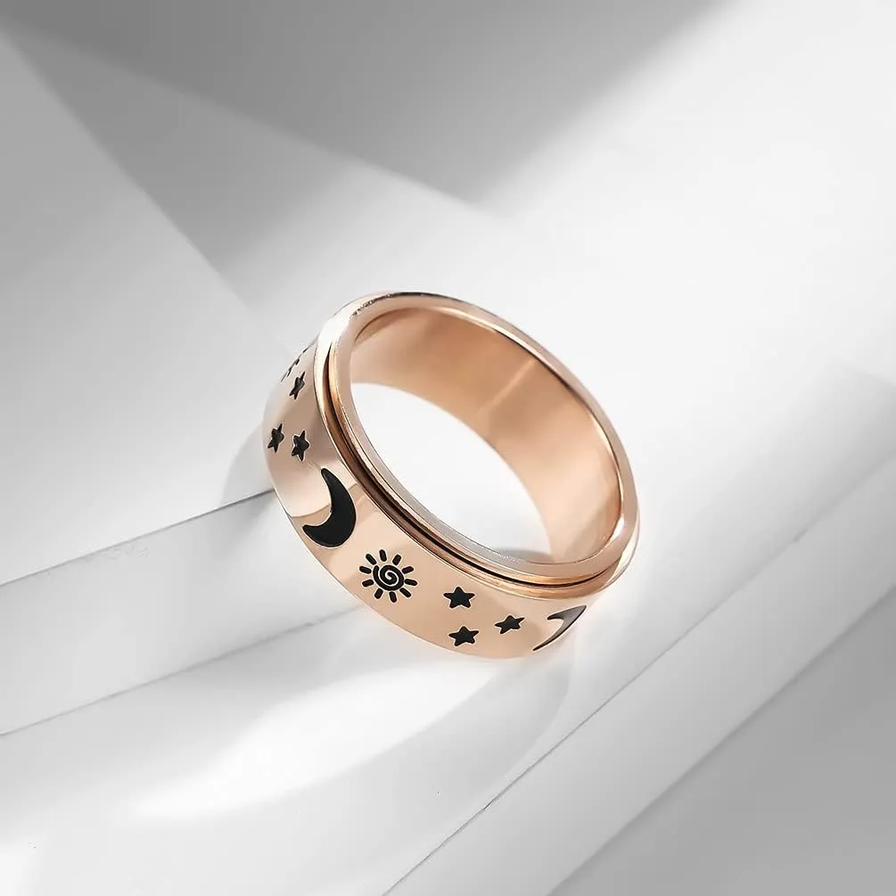 Stainless Steel Spinner Fidget Rings for Anxiety for Women Men Sun Moon and Star Ring for Stress Relieving Engagement Wedding Band