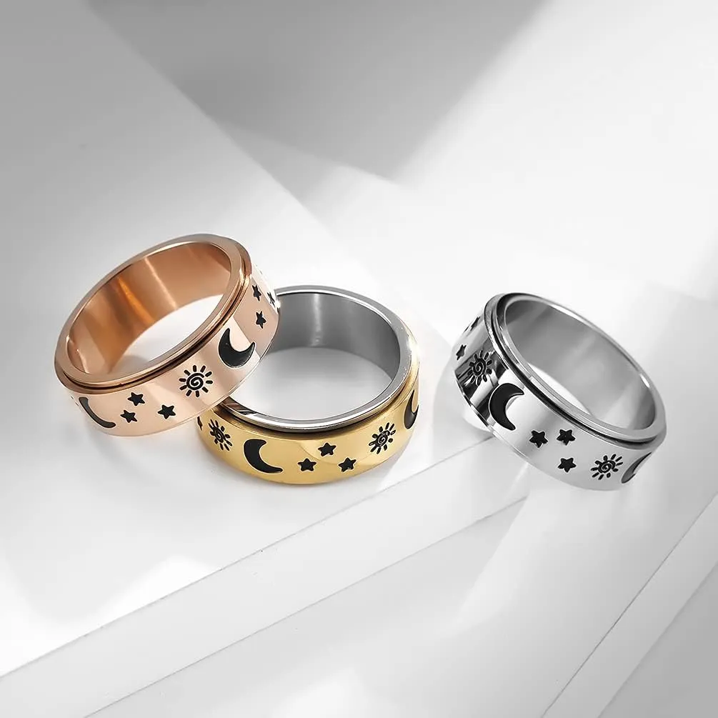 Stainless Steel Spinner Fidget Rings for Anxiety for Women Men Sun Moon and Star Ring for Stress Relieving Engagement Wedding Band