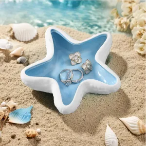 Starfish Ceramic Jewelry Tray, Blue Shell Trinket Dish Beach Gift for Women, Ocean-themed Ring Holder Dish Decorative Plate for Earrings Necklaces Bracelet Watch Key, Coastal Beach Room Decor
