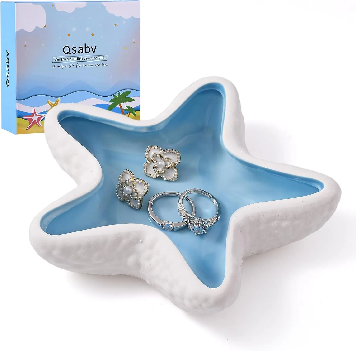 Starfish Ceramic Jewelry Tray, Blue Shell Trinket Dish Beach Gift for Women, Ocean-themed Ring Holder Dish Decorative Plate for Earrings Necklaces Bracelet Watch Key, Coastal Beach Room Decor