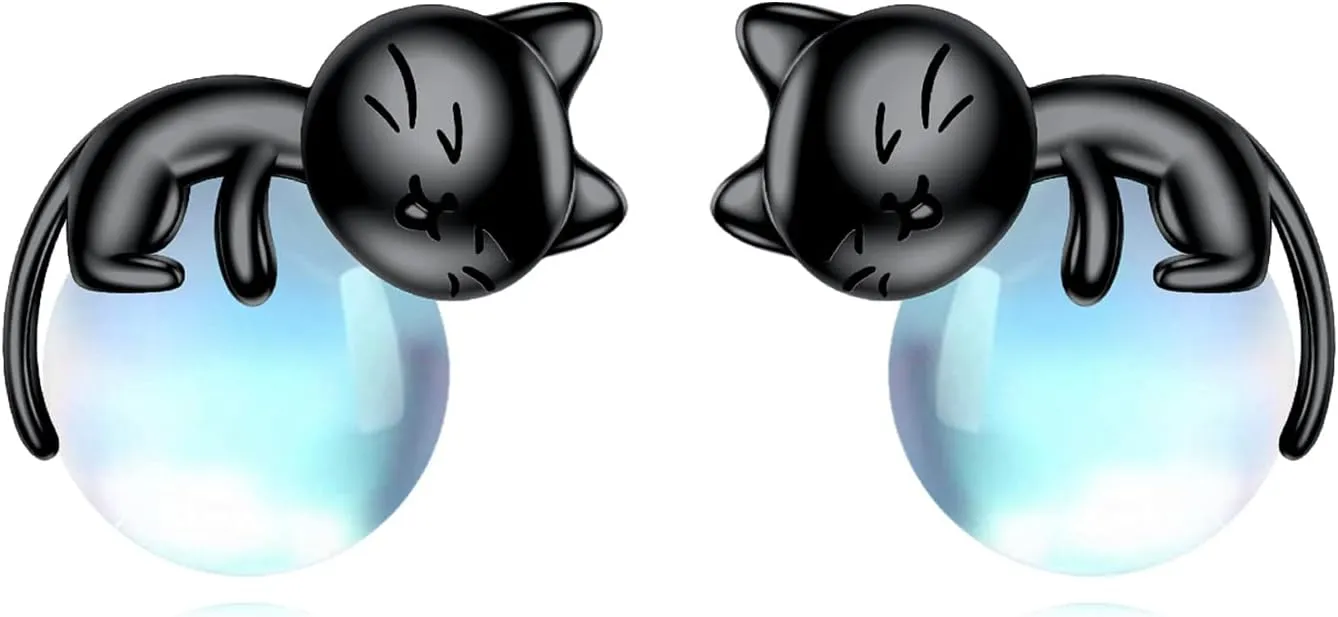 Sterling Silver Birthstone Black Cat Stud Earrings - Cat Birthstone Earrings for Women's Birthday Gift