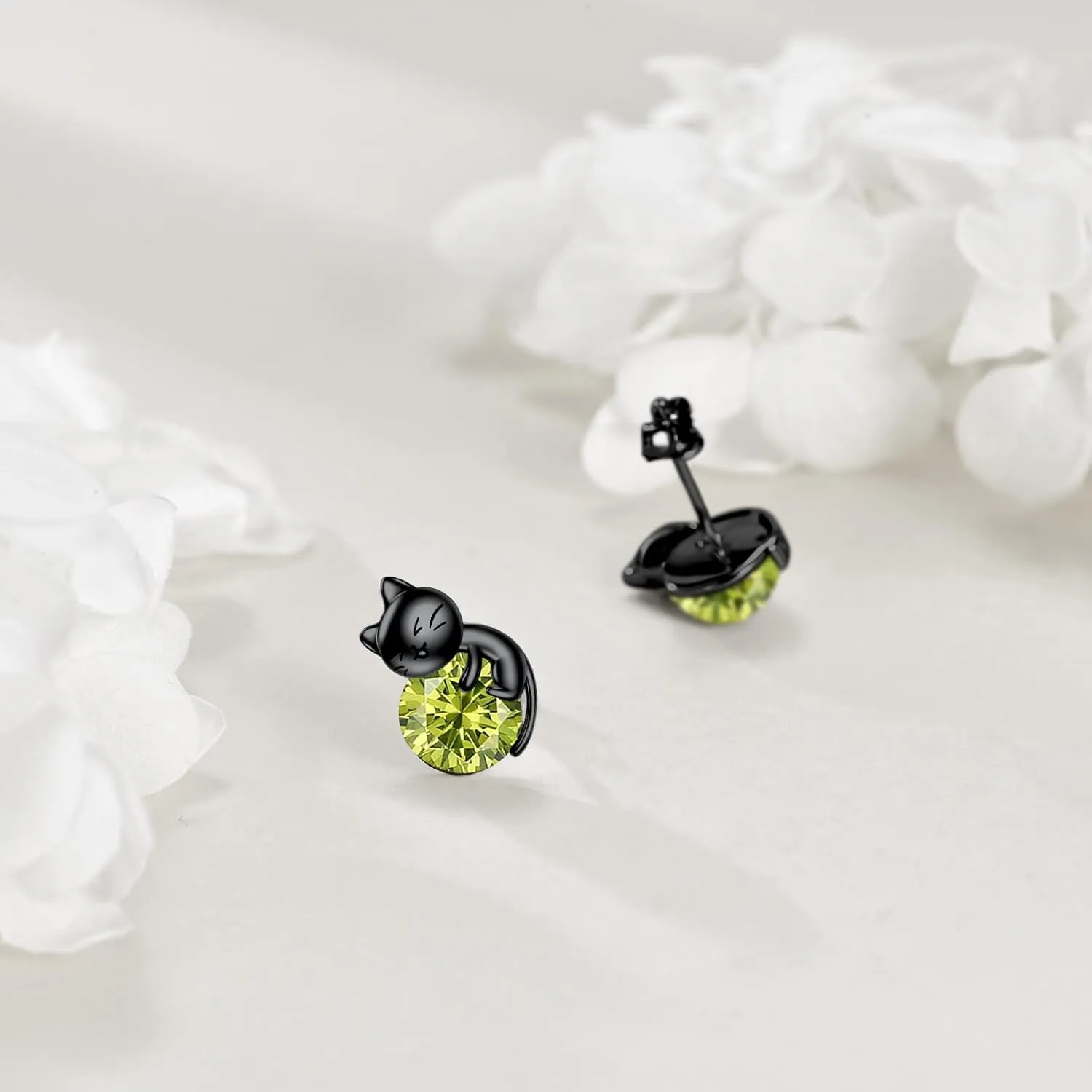 Sterling Silver Birthstone Black Cat Stud Earrings - Cat Birthstone Earrings for Women's Birthday Gift
