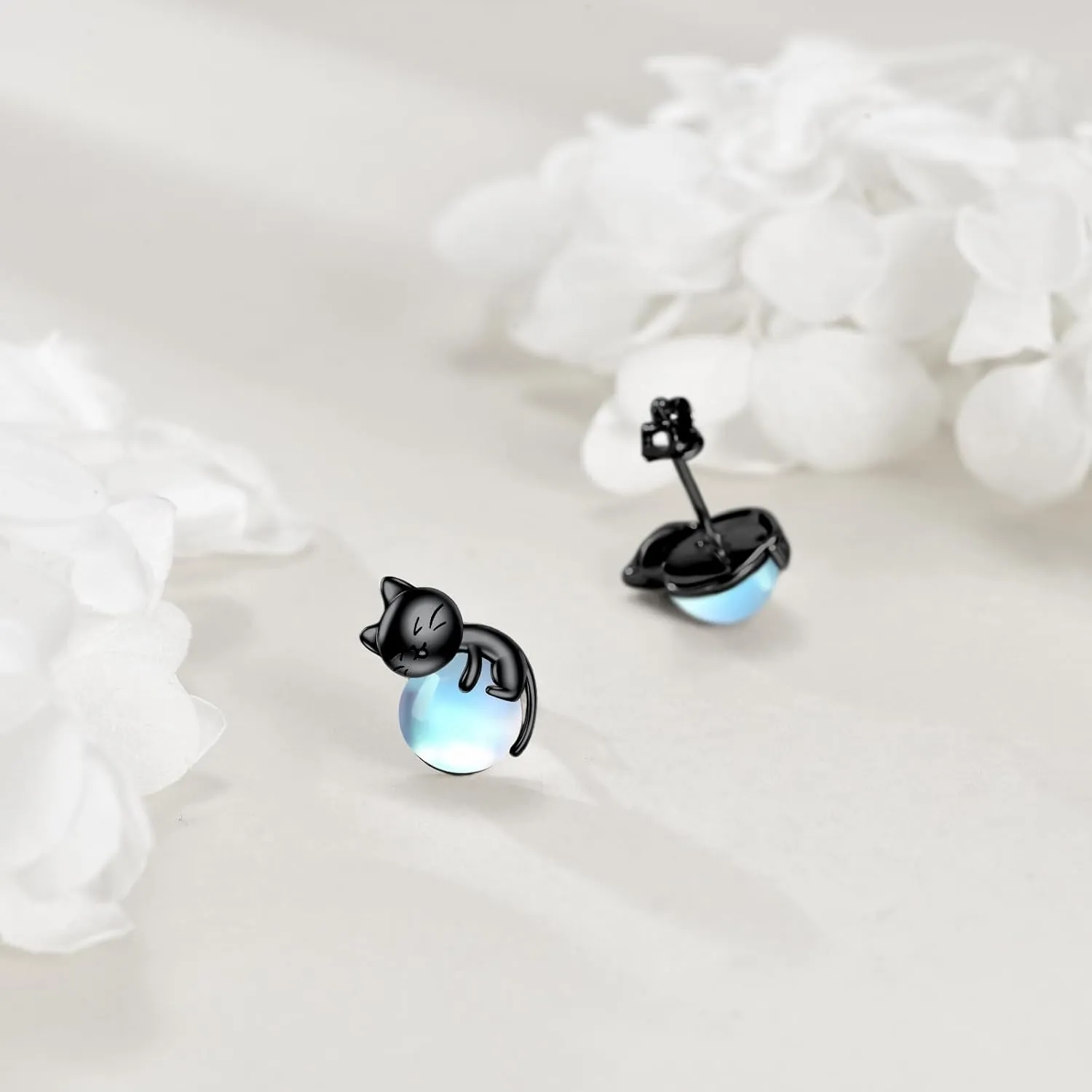 Sterling Silver Birthstone Black Cat Stud Earrings - Cat Birthstone Earrings for Women's Birthday Gift