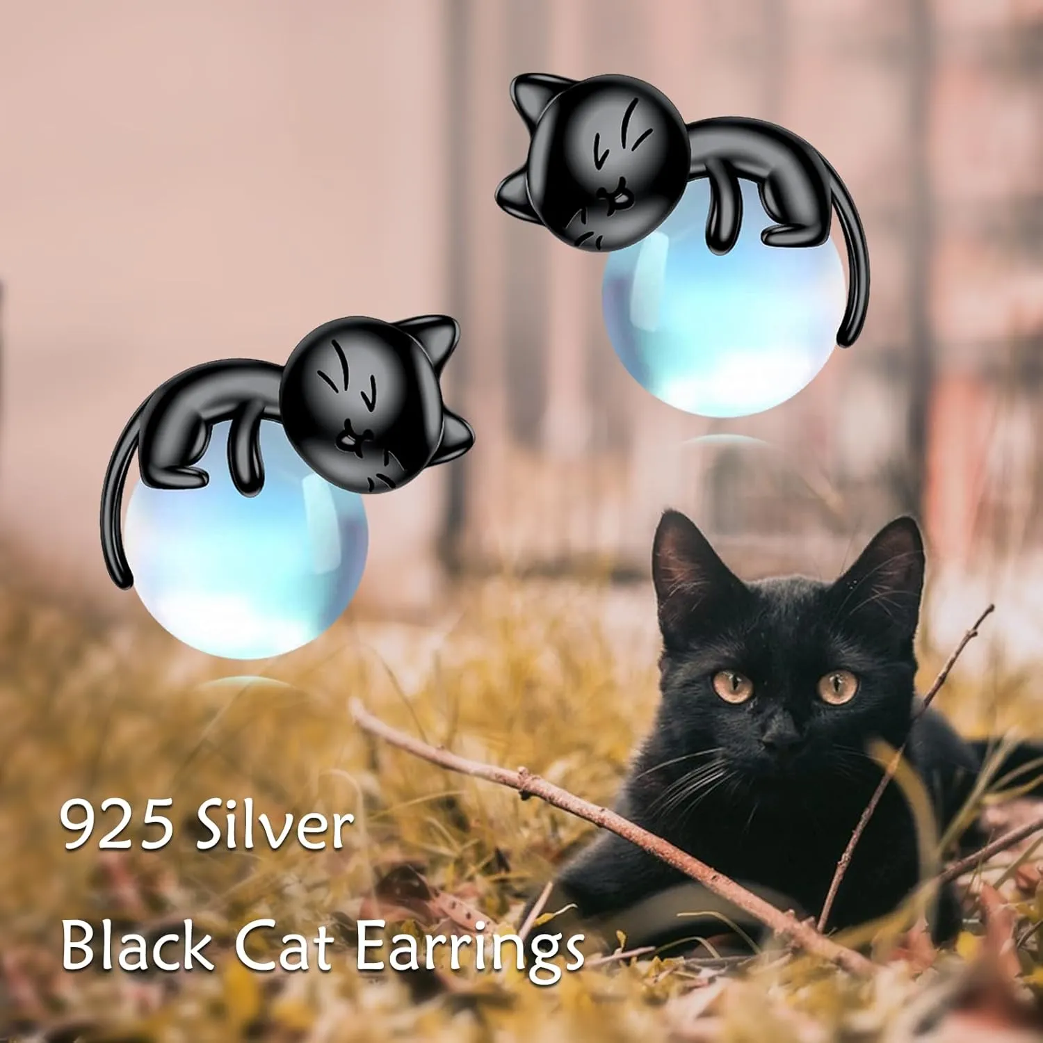 Sterling Silver Birthstone Black Cat Stud Earrings - Cat Birthstone Earrings for Women's Birthday Gift
