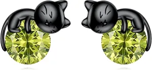 Sterling Silver Birthstone Black Cat Stud Earrings - Cat Birthstone Earrings for Women's Birthday Gift