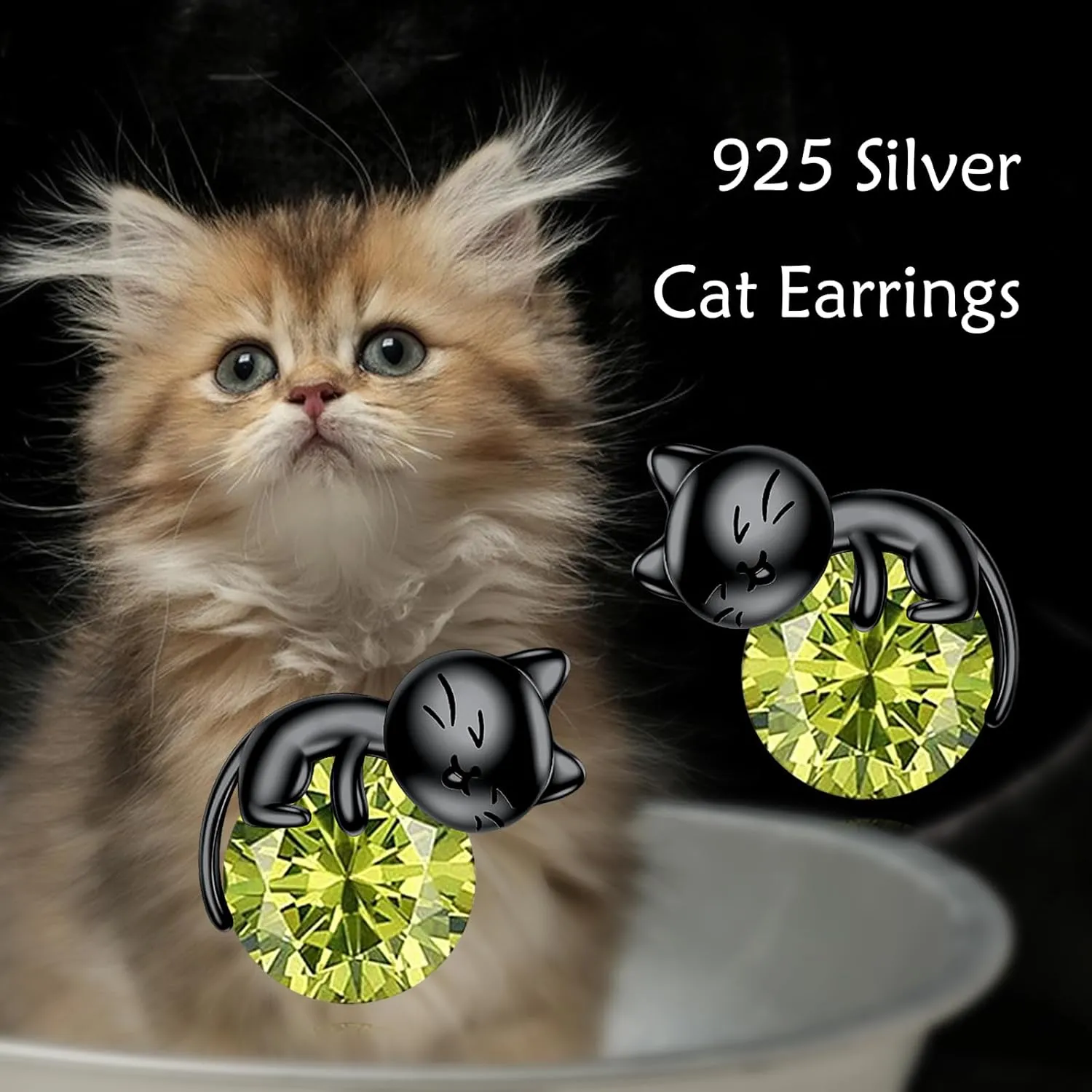 Sterling Silver Birthstone Black Cat Stud Earrings - Cat Birthstone Earrings for Women's Birthday Gift