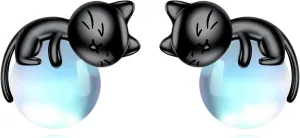 Sterling Silver Birthstone Black Cat Stud Earrings - Cat Birthstone Earrings for Women's Birthday Gift