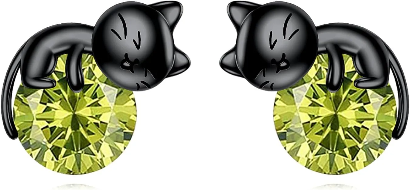 Sterling Silver Birthstone Black Cat Stud Earrings - Cat Birthstone Earrings for Women's Birthday Gift