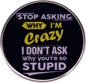 Stop Asking Why I'm Crazy I don't Ask Why You're So Stupid Lapel Pin Funny Humorous Words Enamel Pin Brooch Novelty Badge Clothing Accessory DIY Crafts Gift