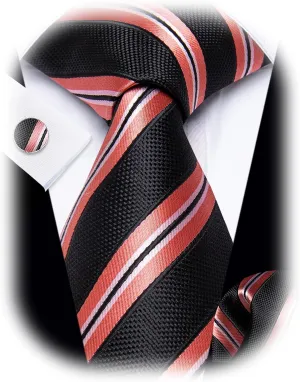 Striped Ties for Men Classic Woven Silk Necktie with Handkerchief Cufflinks Set Formal Business Party Wedding