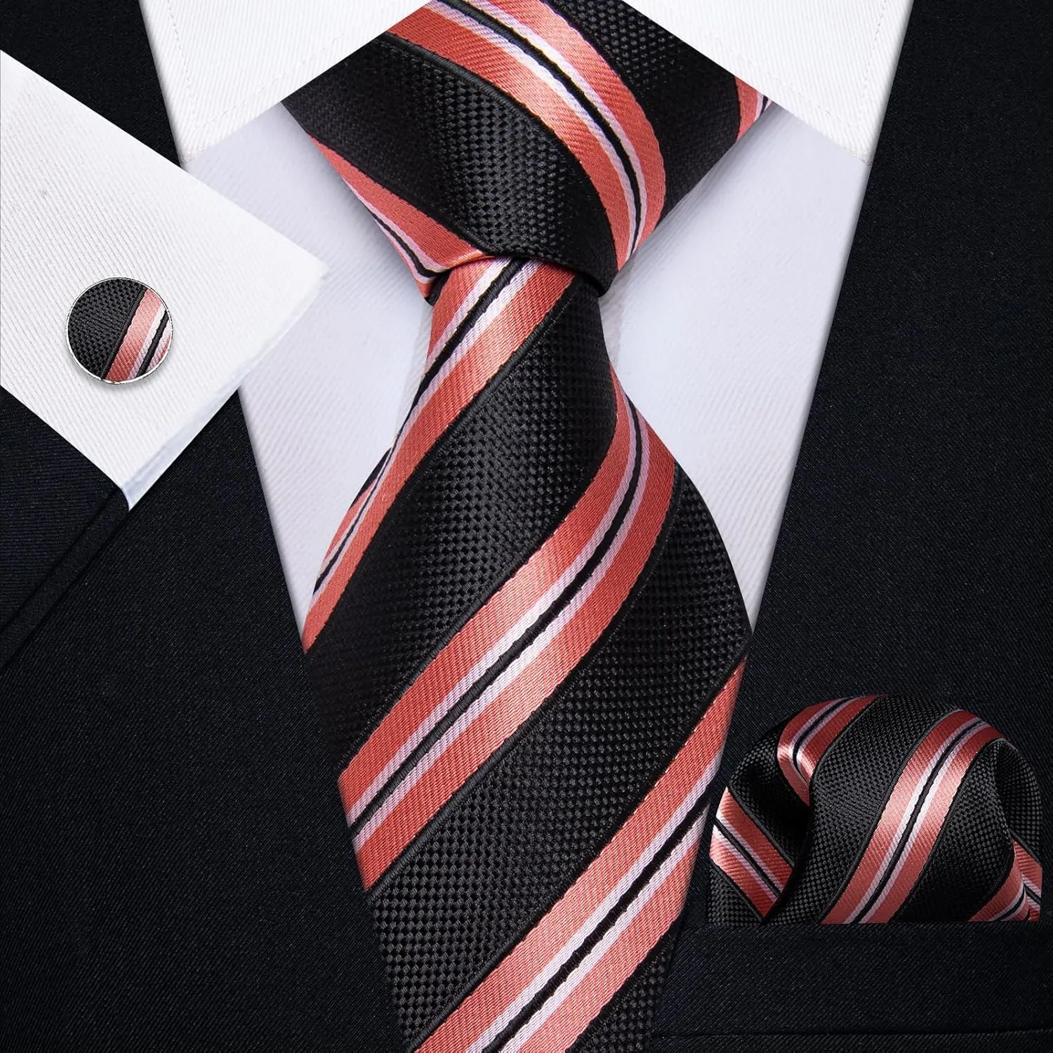 Striped Ties for Men Classic Woven Silk Necktie with Handkerchief Cufflinks Set Formal Business Party Wedding