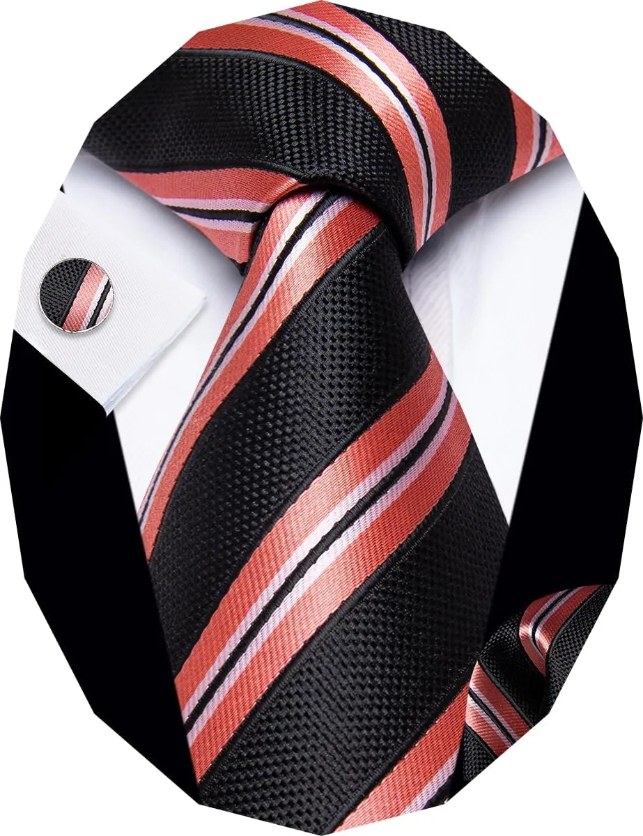 Striped Ties for Men Classic Woven Silk Necktie with Handkerchief Cufflinks Set Formal Business Party Wedding