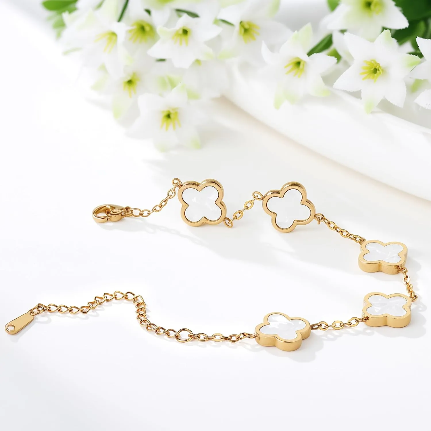 (Sturdy Version) 18K Gold Plated Bracelets for Women Men (Double Sided) Four Leaf Clover Cute Trendy Lucky Braclet (Adjustable) Fits Wrists upto 8 inch, Gold White Black Green Blue Red Pink