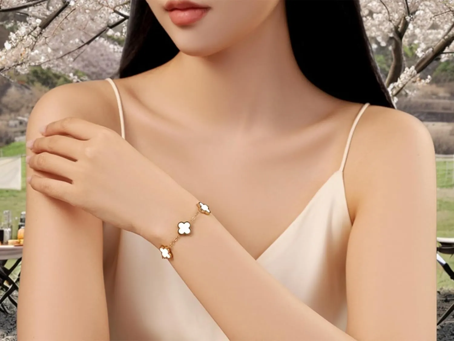 (Sturdy Version) 18K Gold Plated Bracelets for Women Men (Double Sided) Four Leaf Clover Cute Trendy Lucky Braclet (Adjustable) Fits Wrists upto 8 inch, Gold White Black Green Blue Red Pink