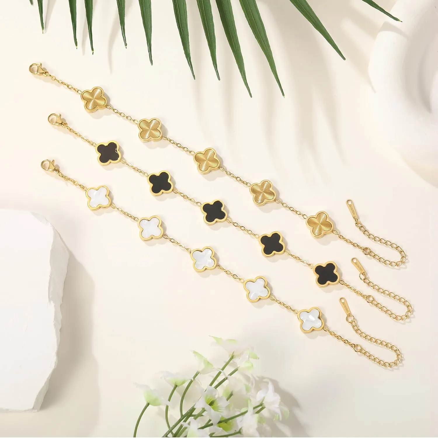 (Sturdy Version) 18K Gold Plated Bracelets for Women Men (Double Sided) Four Leaf Clover Cute Trendy Lucky Braclet (Adjustable) Fits Wrists upto 8 inch, Gold White Black Green Blue Red Pink