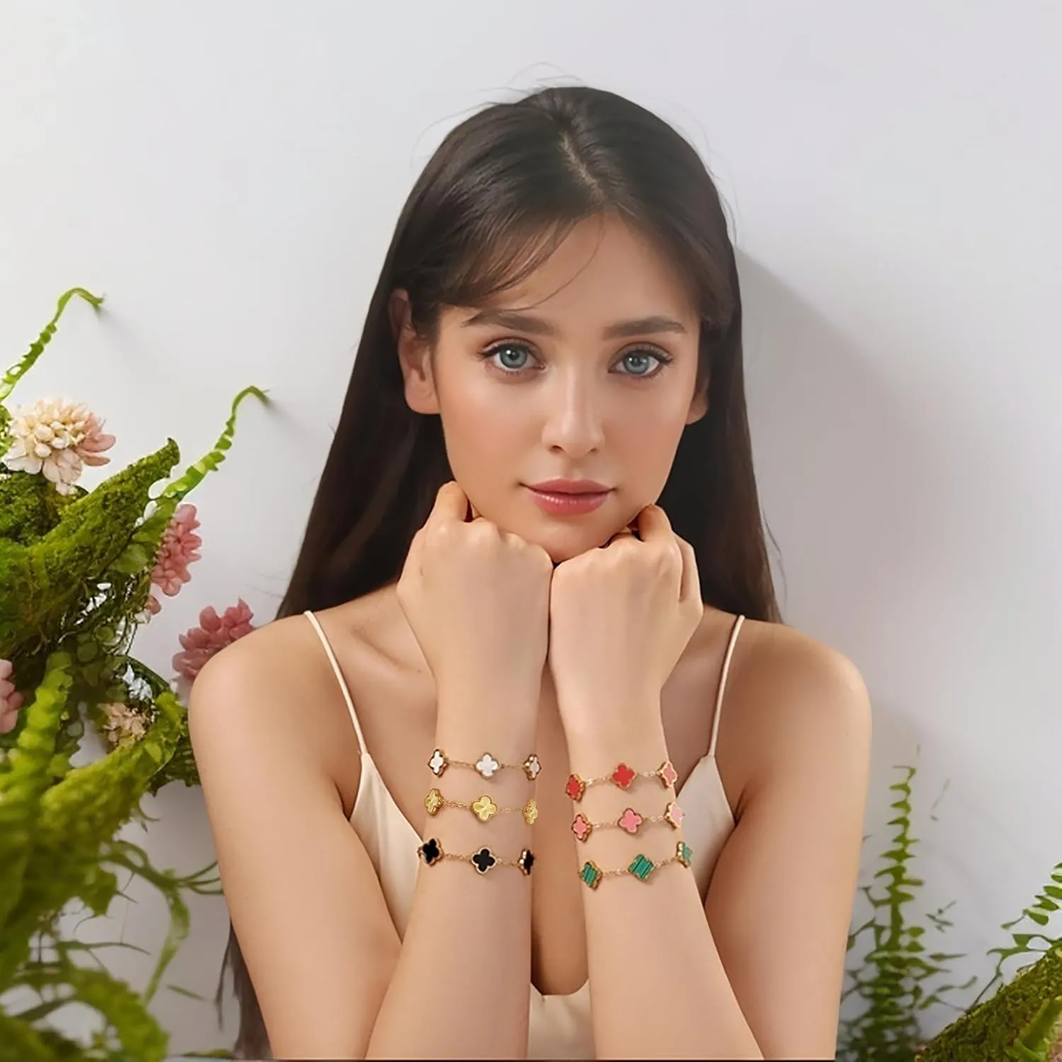 (Sturdy Version) 18K Gold Plated Bracelets for Women Men (Double Sided) Four Leaf Clover Cute Trendy Lucky Braclet (Adjustable) Fits Wrists upto 8 inch, Gold White Black Green Blue Red Pink
