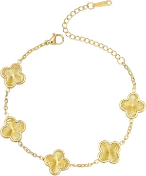 (Sturdy Version) 18K Gold Plated Bracelets for Women Men (Double Sided) Four Leaf Clover Cute Trendy Lucky Braclet (Adjustable) Fits Wrists upto 8 inch, Gold White Black Green Blue Red Pink