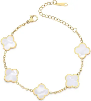 (Sturdy Version) 18K Gold Plated Bracelets for Women Men (Double Sided) Four Leaf Clover Cute Trendy Lucky Braclet (Adjustable) Fits Wrists upto 8 inch, Gold White Black Green Blue Red Pink