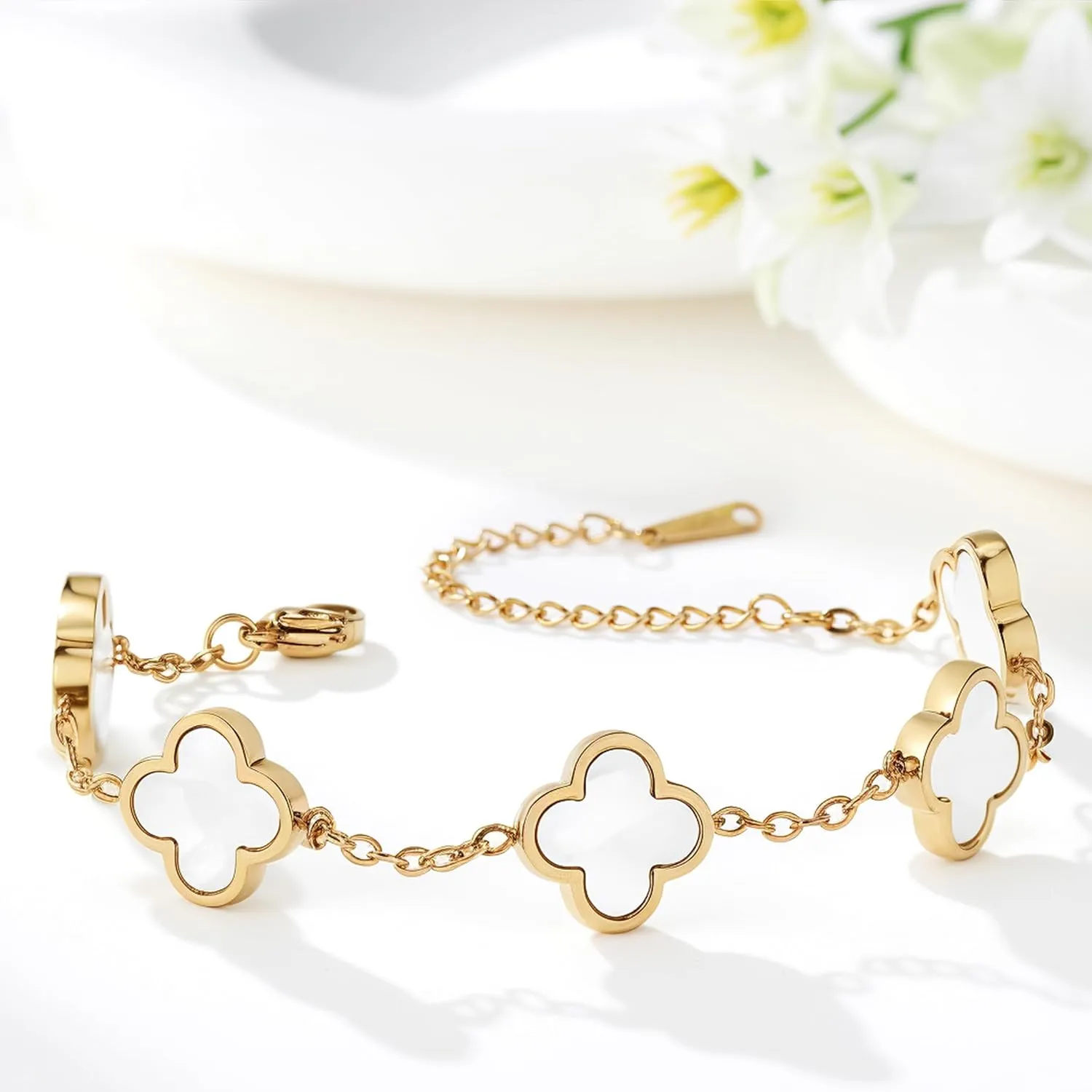 (Sturdy Version) 18K Gold Plated Bracelets for Women Men (Double Sided) Four Leaf Clover Cute Trendy Lucky Braclet (Adjustable) Fits Wrists upto 8 inch, Gold White Black Green Blue Red Pink