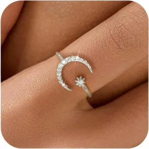SUYACS 925 Sterling Silver Star and Moon Rings for Women 14K Gold Plated Adjustable Open Moon CZ Statement Ring Crescent Finger Ring Jewelry Birthday Engagement Gifts to Daughter