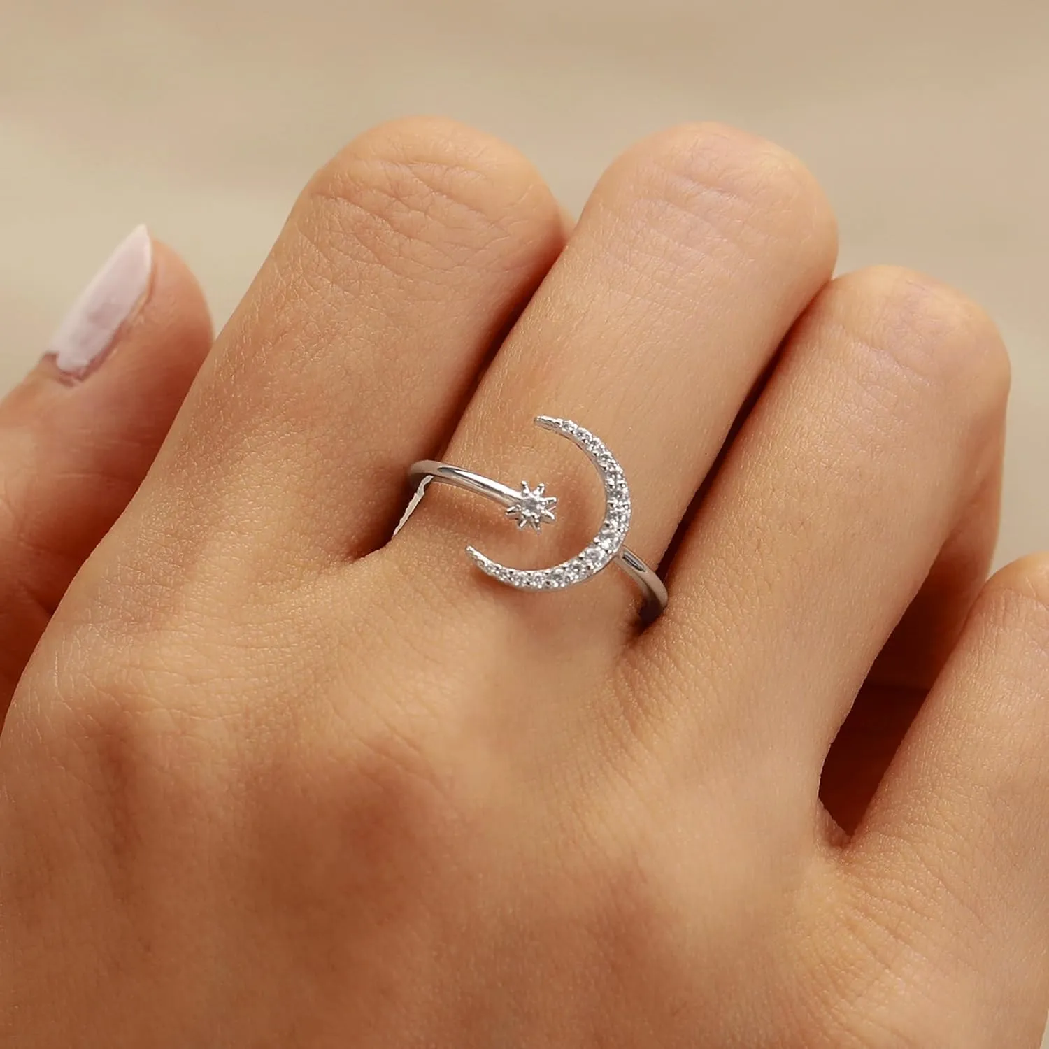SUYACS 925 Sterling Silver Star and Moon Rings for Women 14K Gold Plated Adjustable Open Moon CZ Statement Ring Crescent Finger Ring Jewelry Birthday Engagement Gifts to Daughter