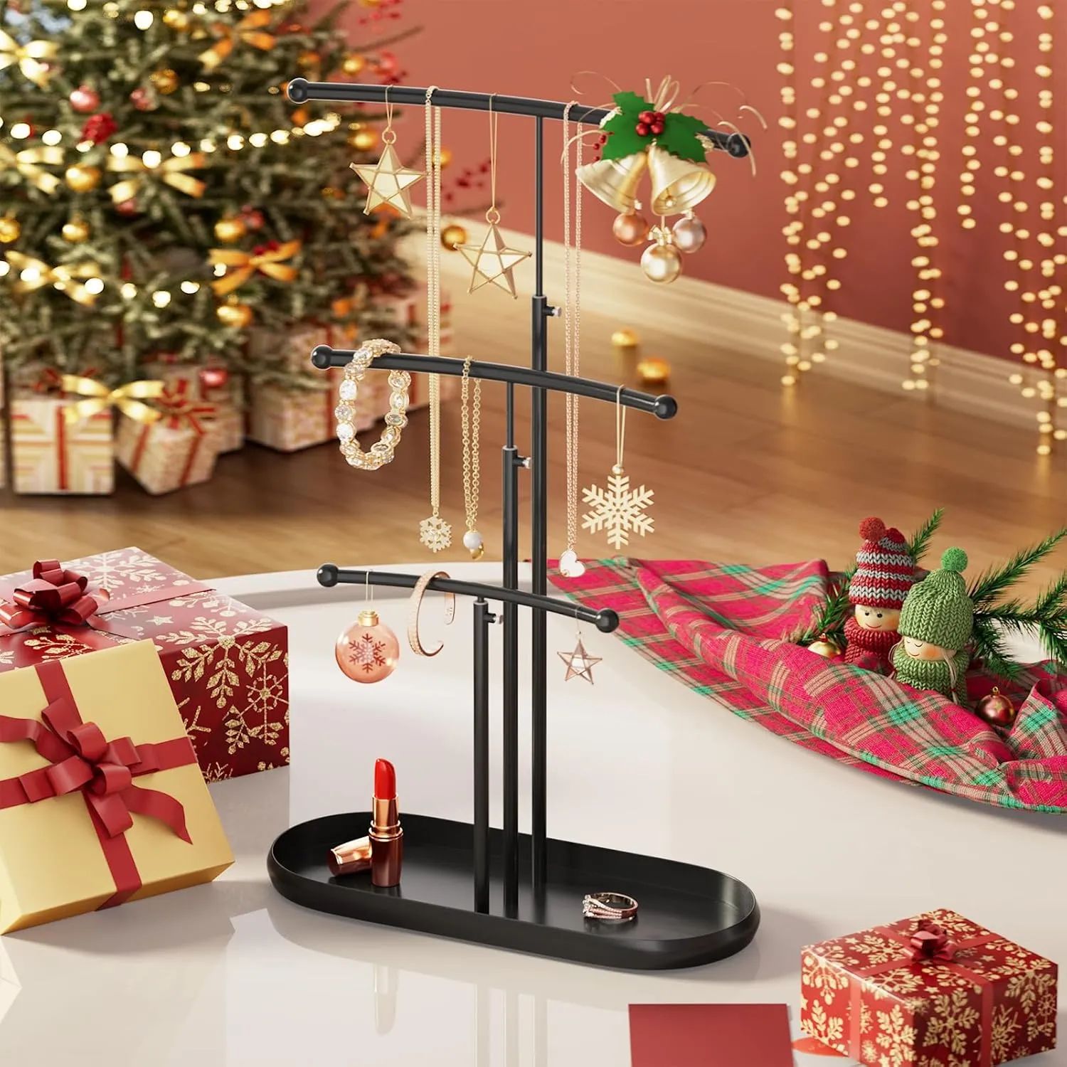 SZQINJI Jewelry Stand Organizer, Metal Jewelry Tree Holder 3-Tier Jewelry Storage Tower for Necklace Display, Earring Hanging Black, Christmas Gift