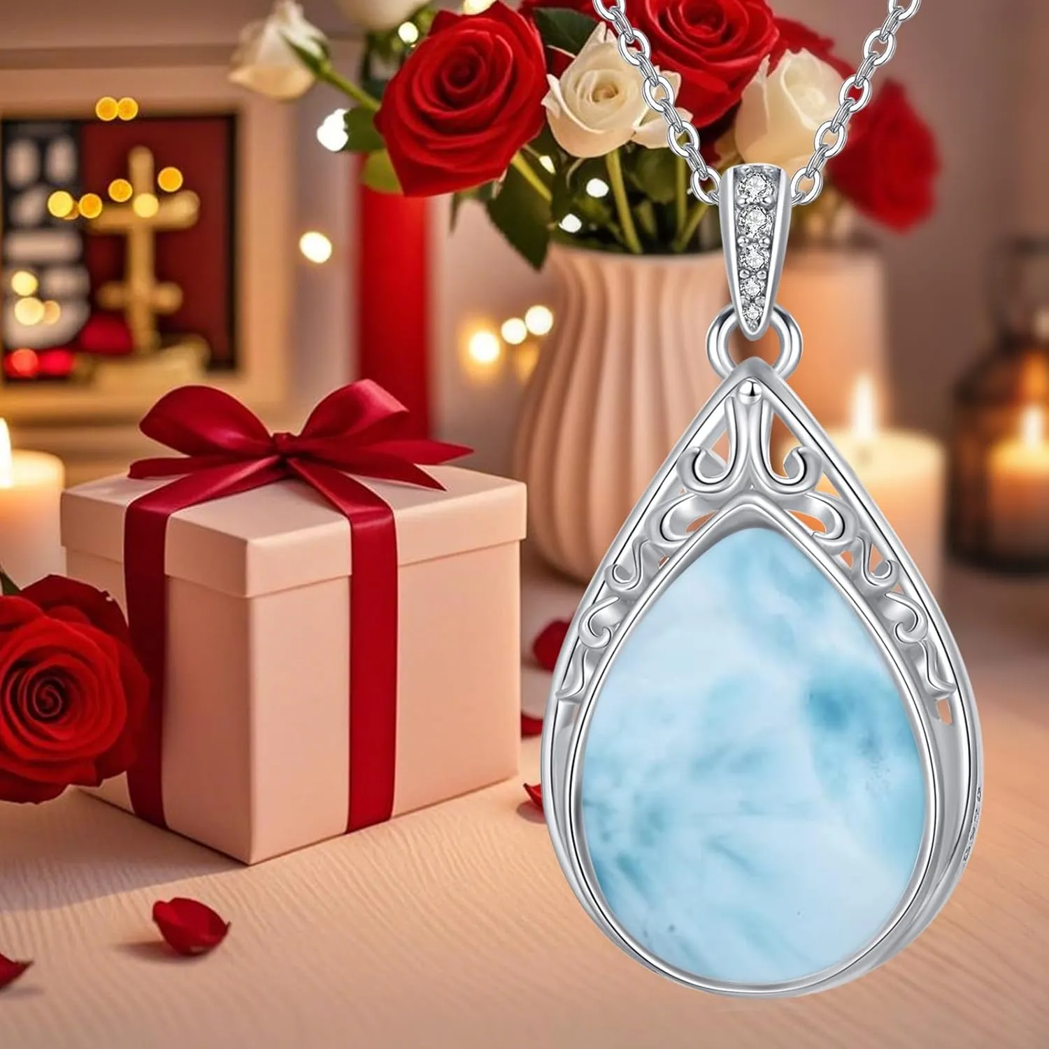 Teardrop Necklace 925 Sterling Silver Filigree Gemstone Pendant Necklace Fine Jewelry Birthday Mothers Day Gifts for Women Her Mom