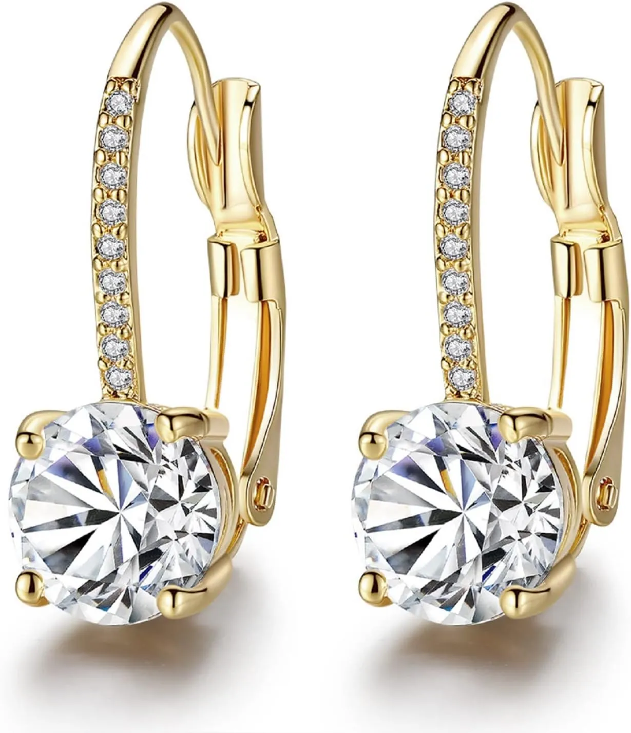 Temperament Gold Micro Set Four-Claw Round Diamond Stud Earrings CZ Zircon Stud Earrings,14K Yellow Gold Diamond Earrings for Women, Ear Hook Copper Inlaid Zircon, Fine Jewelry for Women