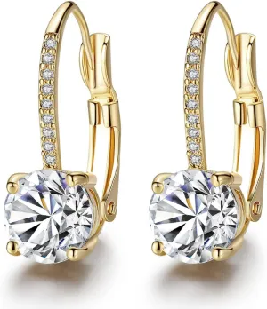 Temperament Gold Micro Set Four-Claw Round Diamond Stud Earrings CZ Zircon Stud Earrings,14K Yellow Gold Diamond Earrings for Women, Ear Hook Copper Inlaid Zircon, Fine Jewelry for Women