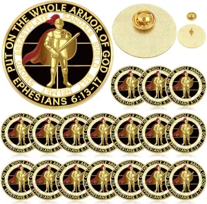 Therwen 16 Pcs Put on The Whole Armor Lapel Pins 1.18 Inch Gold Religious Brooches Christian Lapel Pins Bulk for Men Women