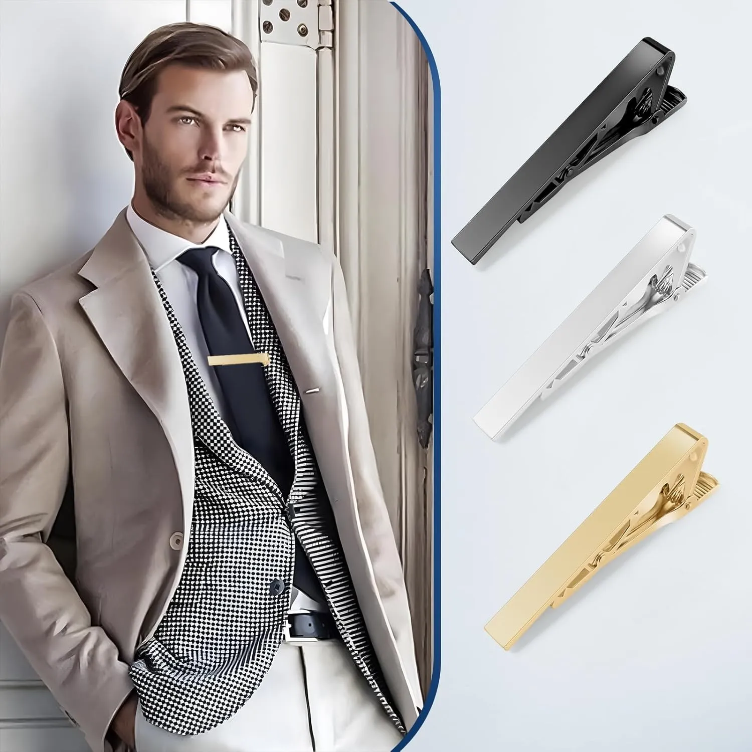 Tie Clips for Men Black Gold Silver Classic Tie Bar Clip Set